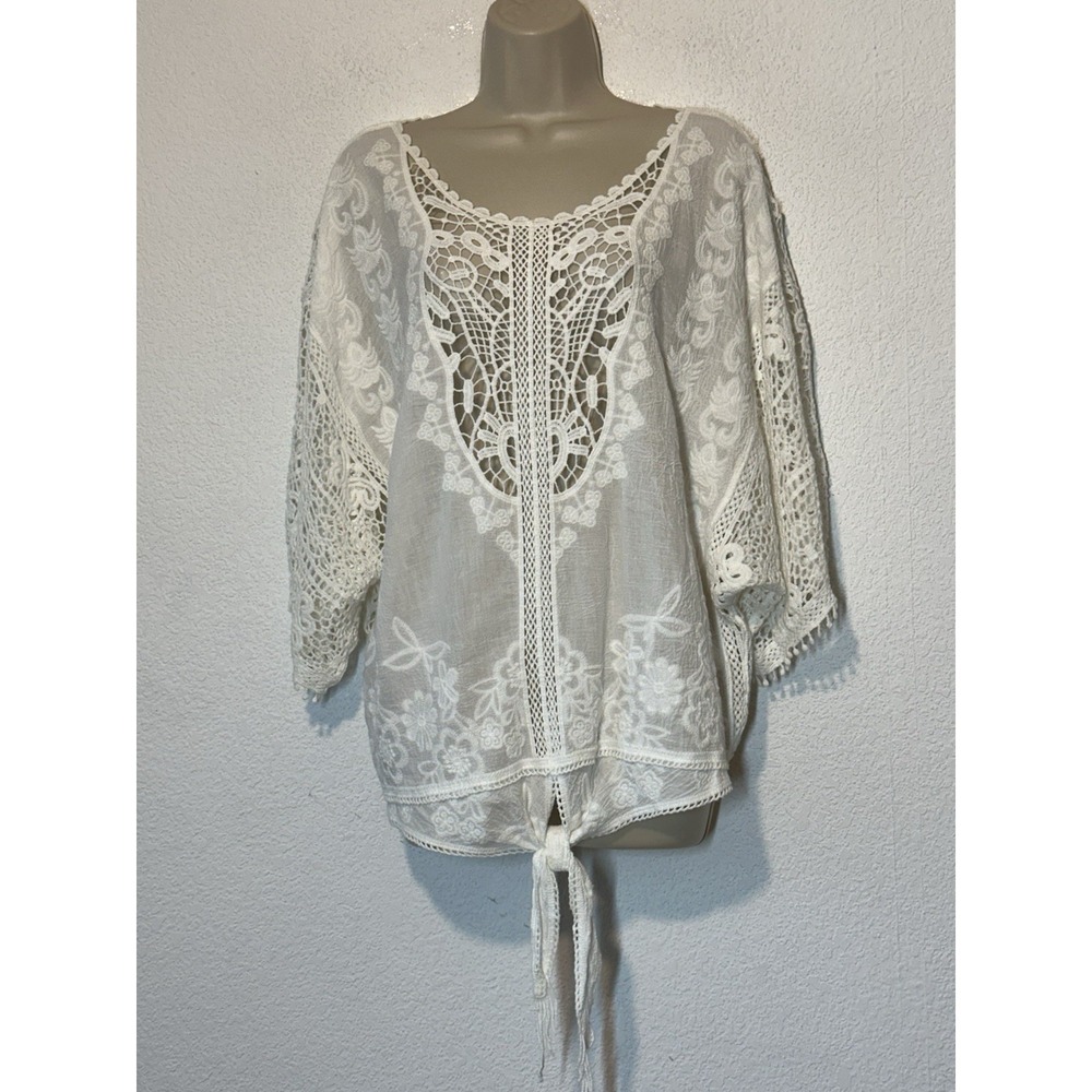 Democracy Open‎ Crochet Lace Short Sleeve Tie-front White Boho Peasant M Cottage